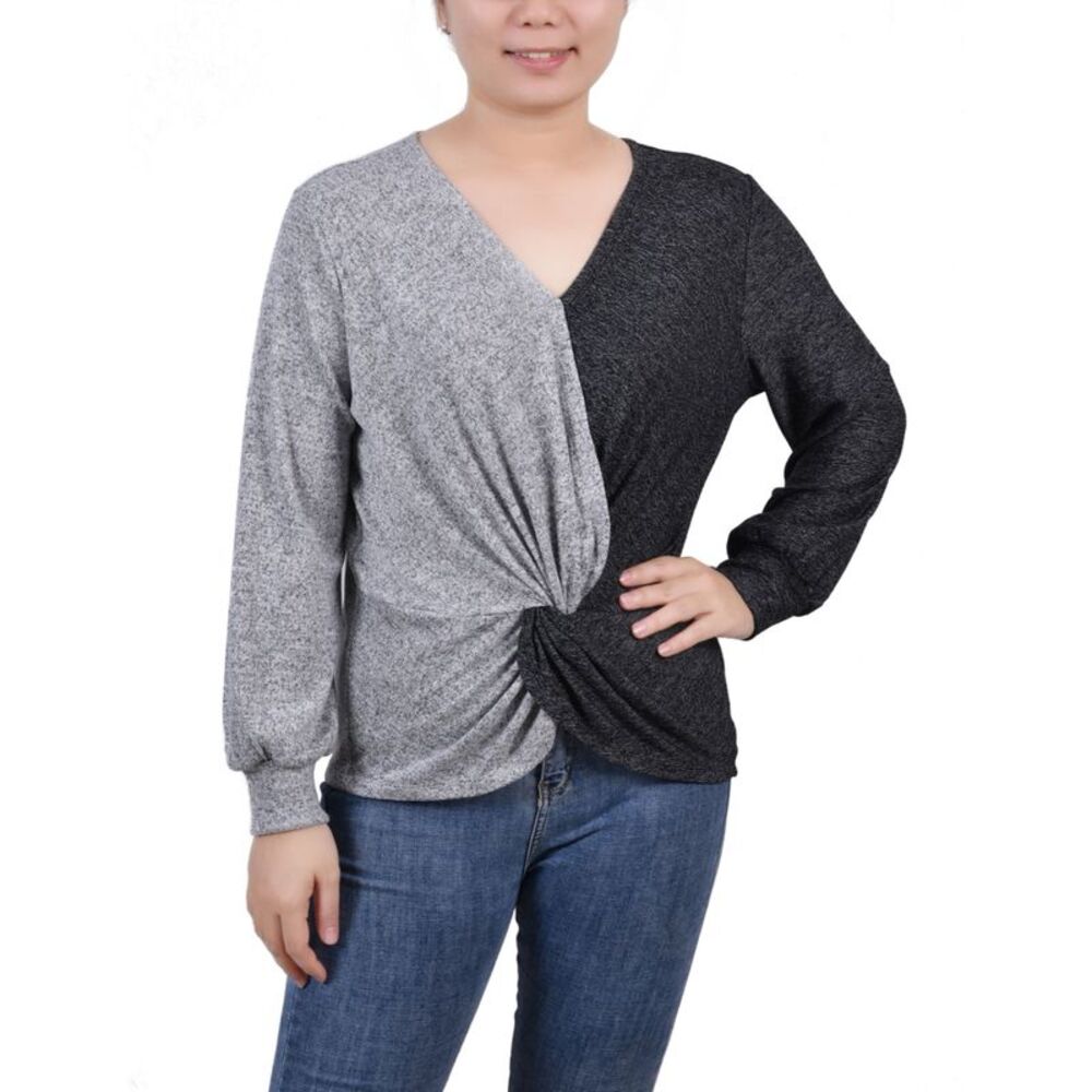 NY Collection Petite Long Sleeve Twist Front Colorblocked Top